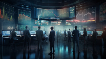 a team of stock brokers work during rush hour of stock transactions analyzing the situation on the market