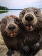 Two smiling beavers in front of a picturesque beach scene, enjoying the sun and surf