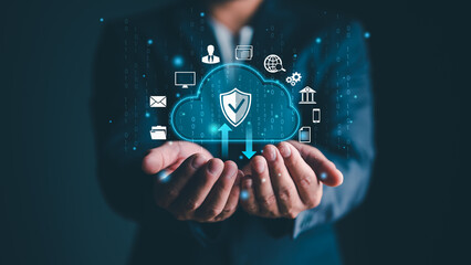 Aufkleber - cloud computing diagram show on hand. Cloud technology. Data storage. Networking and internet service concept, Big Data, upload, download, database technology. information system management technology