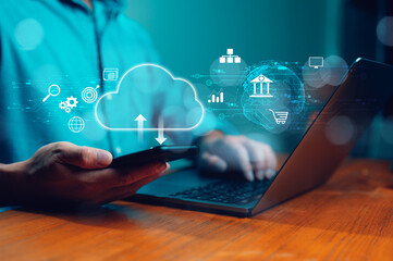 Aufkleber - Businessman using computer and smartphone, cloud computing diagram. Cloud technology. Data storage, data transfer, Networking and internet service concept, technology internet storage network.