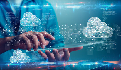 Aufkleber - Businessman with cloud computing diagram show on virtual screen. Cloud technology. Data storage, data transfer, Networking and internet service concept, technology internet storage network.