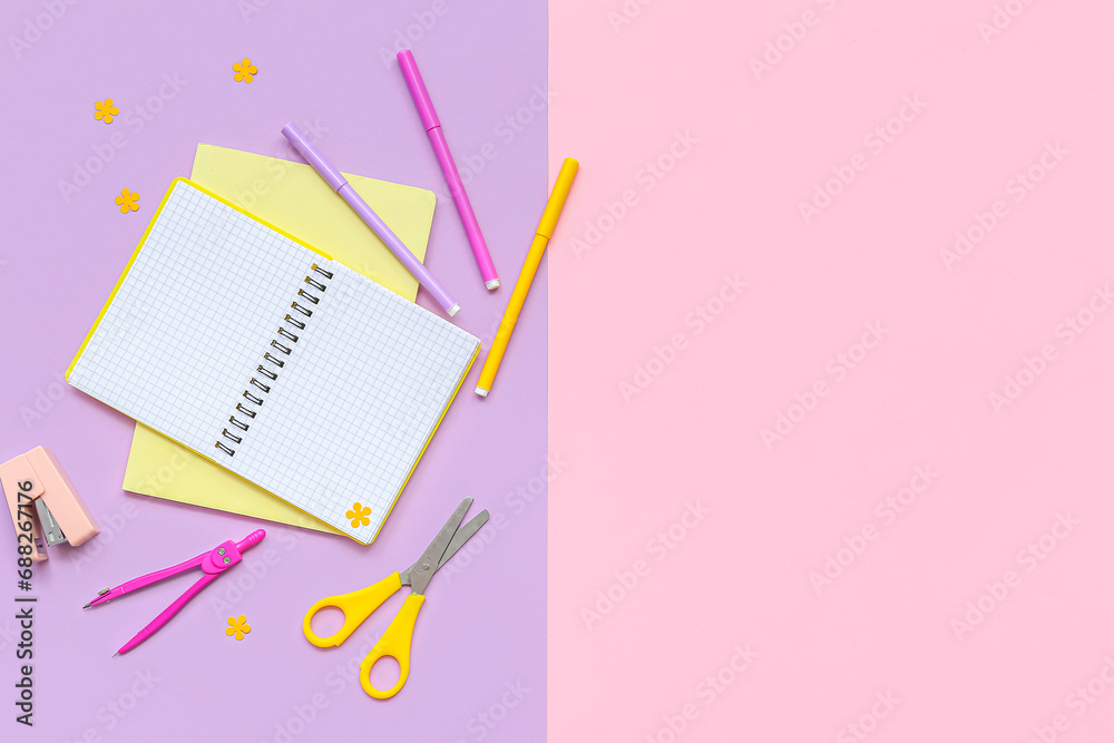 Composition with different school supplies on lilac background