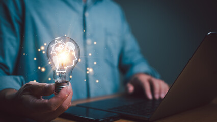Aufkleber - Hand holding lightbulb with AI, Artificial intelligence. Ai digital brain. Robotics concept, innovation and technology, machine and deep learning, neural networks and another modern technologies.