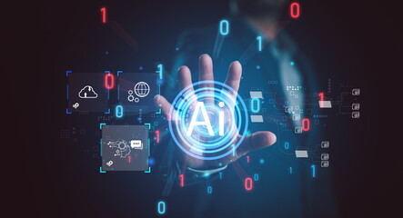 Aufkleber - Technology and people concept man use AI to help work, AI Learning and Artificial Intelligence Concept. Business, modern technology, internet and networking concept. AI technology in everyday life.