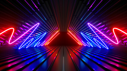Fototapete - Sci Fi neon glowing lines in a dark tunnel. Reflections on the floor and ceiling. 3d rendering image. Abstract glowing lines. Technology futuristic background.