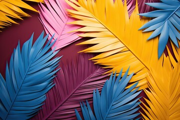  lay Flat concept summer fashion Minimal leaves palm tropical painted exotic background colorful bright abstract art beach beautiful blue colourful copy creative