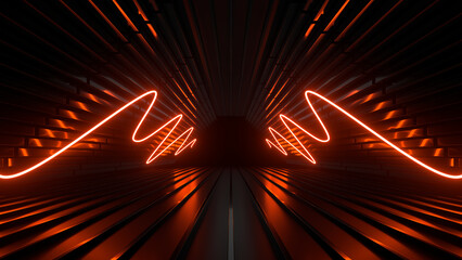 Fototapete - Sci Fi neon glowing lines in a dark tunnel. Reflections on the floor and ceiling. 3d rendering image. Abstract glowing lines. Technology futuristic background.