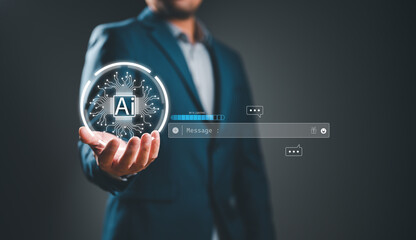 Fototapete - Chatbot Chat with AI, Artificial Intelligence. man using technology smart robot AI, artificial intelligence by enter command prompt for generates something, Futuristic technology transformation.