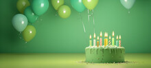 Delicious Green Birthday Cake With Candles On A Green Background With Balloons And Space For Text