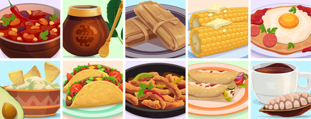 Wall Mural - Tex mex mexican cuisine food collage. Mexican cuisine food poster, Tex Mex takeaway meals or Mexico fastfood meals menu vector background or flyer with nacho chips, taco and corn, tamale, matcha tea