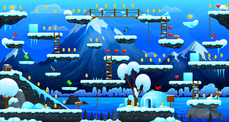 Poster - arcade winter mountains game level map interface. ice platforms and golden coins, stairs and food. m