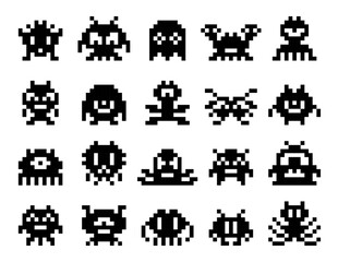 Arcade game pixel monsters characters. 8 bit retro pixel art game asset. PC game alien, 8bit arcade square pixel creature or retro gaming electronic robot vector icon, old videogame cubic monsters set