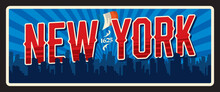 New York USA American City Retro Travel Plate, Tourist Sticker. United States Of America City Tin Sign, Vector Plate With Metropolis Cityscape, Skyscrapers Silhouettes, Tin Sign