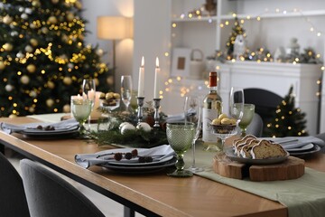 Christmas table setting with festive decor and dishware in living room