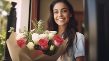 Happy Smiling Young Woman Holding Big Bouquet Of Flowers