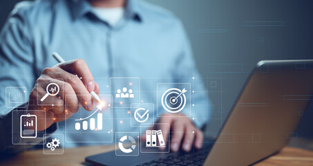 Aufkleber - Businessman or Analyst working with Business Analytics and Data Management System on virtual screen, make a report with KPI and metrics. Corporate strategy for finance, operations, sales, marketing.
