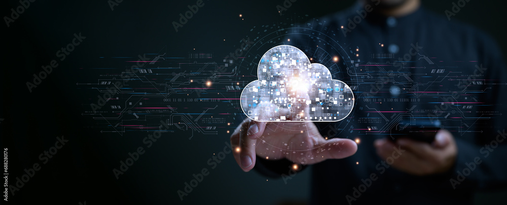 Businessman touching on cloud computing icon, data diagram show on ...