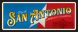 © Vector Tradition - San Antonio sticker, United States travel plate. USA banner, vector vintage tin plaque with flag star symbol. USA vacation tour postcard or souvenir card, Libertatis Cunabula motto