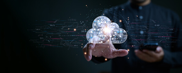 Aufkleber - Businessman touching on cloud computing icon, data diagram show on virtual screen. Cloud technology. Data storage. Networking and internet service concept. IOT, information system, data analyst
