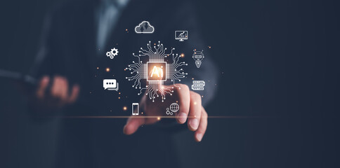 Fototapete - Ai technology, Artificial Intelligence. man using technology smart robot AI, artificial intelligence by enter command prompt for generates something, Futuristic technology transformation. Chat with AI