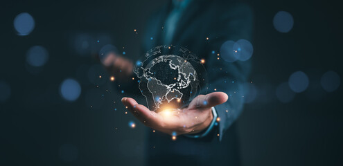 Aufkleber - businessman holding Global network connection. Big data analytics and business intelligence concept. World map point and line composition concept of global business.Digital link tech.