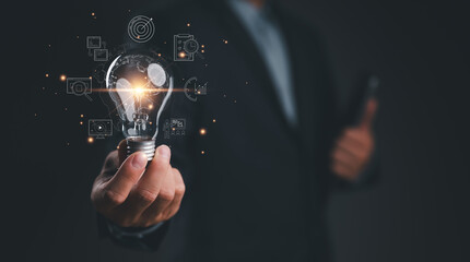 Aufkleber - Hand holding Light bulb Global Internet connection. Business global internet connection application technology and digital marketing, Financial and banking, Digital link tech, big data.
