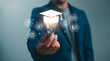 © somyuzu - E-learning graduate certificate program concept. Man hands showing graduation hat in light bulb, Internet education course degree, study knowledge, creative thinking idea, problem-solving solution.