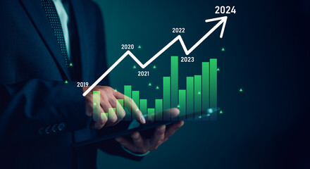 Aufkleber - Businessman calculates financial data for long term investments. Column chart with company progress and growth by year, 2024, Business growth planning. Investments, financial business analytics.