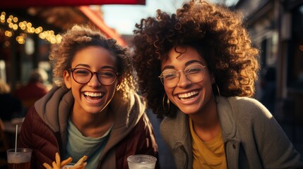 Two female friends are eating french fries on the street making funny faces.Generated AI.