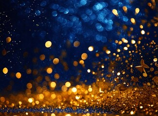 Sticker - Abstract background with Dark blue and gold particle. New year, Christmas background with gold stars and sparkling. Christmas Golden light shine particles bokeh on navy background. Gold foil texture