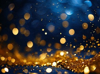 Poster - Abstract background with Dark blue and gold particle. New year, Christmas background with gold stars and sparkling. Christmas Golden light shine particles bokeh on navy background. Gold foil texture