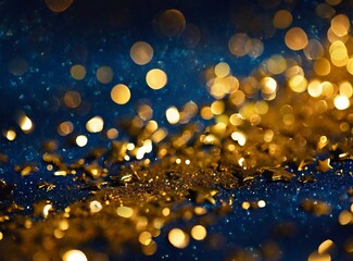 Sticker - Abstract background with Dark blue and gold particle. New year, Christmas background with gold stars and sparkling. Christmas Golden light shine particles bokeh on navy background. Gold foil texture