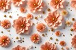 3d peach and gold flowers, realistic, white background