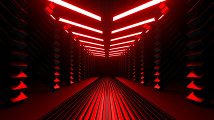 Fototapete - Sci Fi neon glowing lines in a dark tunnel. Reflections on the floor and ceiling. 3d rendering image. Abstract glowing lines. Technology futuristic background.