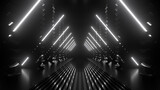 Fototapeta Do przedpokoju - Sci Fi neon glowing lines in a dark tunnel. Reflections on the floor and ceiling. 3d rendering image. Abstract glowing lines. Technology futuristic background.