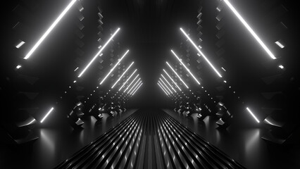 Fototapete - Sci Fi neon glowing lines in a dark tunnel. Reflections on the floor and ceiling. 3d rendering image. Abstract glowing lines. Technology futuristic background.