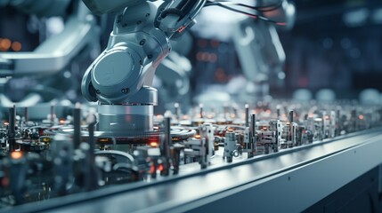 A close-up shot of a robot arm assembling intricate electronic components with precision and accuracy on a factory assembly line.