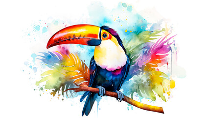 Colorful toucan bird with tropical flowers painted in watercolor style with splash of paint isolated on white background. Tropical travel vacation cute cartoon , exotic jungle graphic resource by Vita