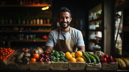 Man holding paper bag in front of store full of fresh food