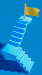 Blue stage with two level stairs leading to a yellow flag, promotion and productivity theme