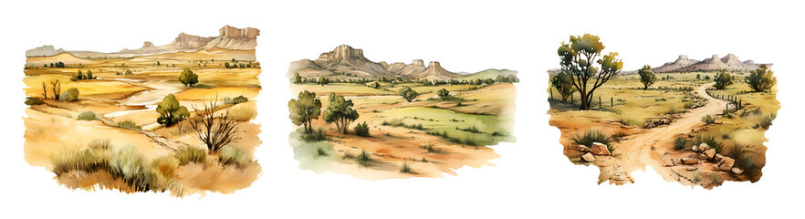 Western canyon, watercolor clipart illustration with isolated background