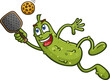 Dill pickle cartoon character leaping and diving to hit a rogue pickleball from an impressive opponent during a match on the court vector clip art