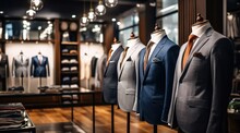 Elegant suits on display in men's clothing store