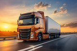 Fototapeta Przestrzenne - Concept of container truck running on highway road at sunset with blue sky background, representing logistics, import-export, and cargo transportation industry,