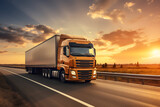 Fototapeta Przestrzenne - Concept of container truck running on highway road at sunset with blue sky background in logistics, import-export, and cargo transportation industry,