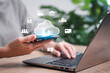 © Ticha - Communication technology Personal data collection, security Code of Personal encryption, Women use smartphones and laptop management  transfer Personal data, financial, banking, Internet connect