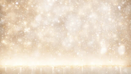 Canvas Print - christmas glowing festive winter background, small golden lights of garlands on the background of blurred snowfall