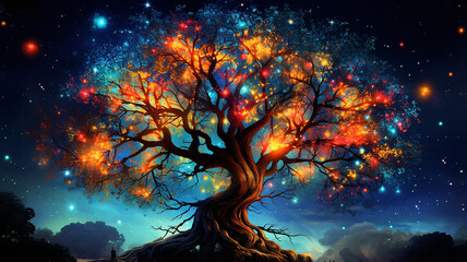 Wall Mural - fairytale illustration of the tree of life of the universe, the image of a large old tree against the background of space and the dark sky among the stars and galaxies