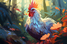 Painting Style Landscape Background, A Chicken In The Forest