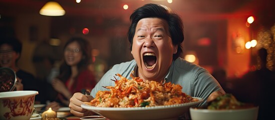 Selective focus closeup of a hungry Asian man happily eating a hearty meal on Chinese New Year's Eve, with a burning mouth and slight embarrassment.